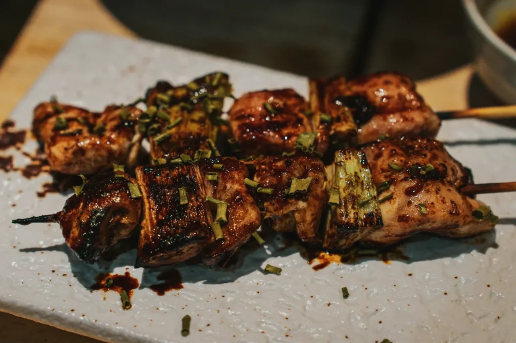 Grilled chicken skewers garnished with herbs, glistening with a savory glaze, served on a textured white plate, conveying a warm, inviting feel.