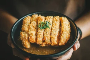 A close-up shot captures a person holding a black ceramic bowl filled with Japanese curry and topped with a sliced, golden-brown chicken katsu cutlet. The crispy breaded cutlet is garnished with a small cluster of thinly sliced green onions over the rich, dark curry sauce.