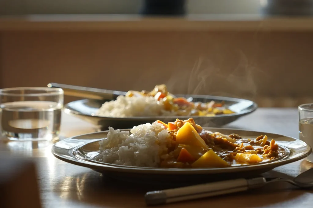 An eye-level, close-up shot captures two steaming plates of Japanese curry served with white rice on a wooden table illuminated by warm sunlight. The foreground plate highlights a rich curry filled with large chunks of potatoes and carrots, accompanied by a fork and a glass of water on the side.