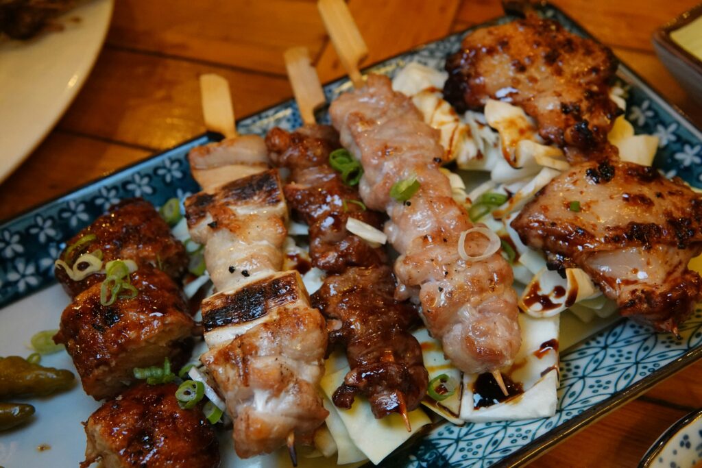 Fortune Centre Food: A platter of assorted yakitori skewers chicken and leeks served at a cosy Fortune Centre izakaya.