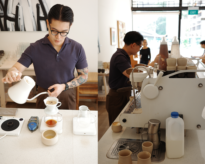 A barista at Apartment Coffee gently pouring hot water over freshly ground coffee, showcasing a precise and mindful brewing process