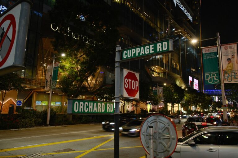A vibrant scene on Orchard Road showcases colorful storefronts bustling with people strolling by, creating a lively atmosphere perfect for dessert lovers seeking sweet treats. Cafes line the street, inviting visitors to enjoy a matcha latte or a slice of cake while exploring the popular shopping district in Singapore.