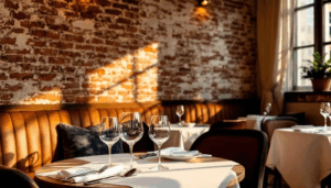 The image depicts an elegant Italian restaurant interior featuring warm lighting and exposed brick walls, with tables elegantly set with wine glasses, inviting diners to enjoy authentic Italian cuisine. This cozy trattoria atmosphere highlights the charm of Italian roots, making it one of the best Italian restaurants in Singapore's dining scene.