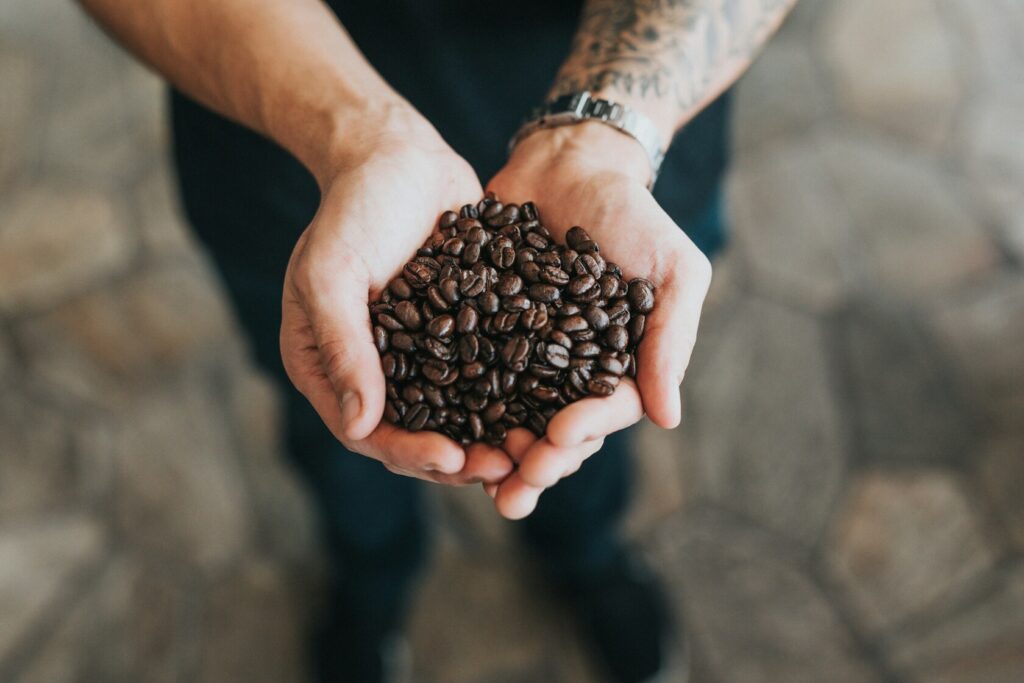 A close-up view of a hand holding a handful of roasted coffee beans, highlighting their rich texture and deep colour