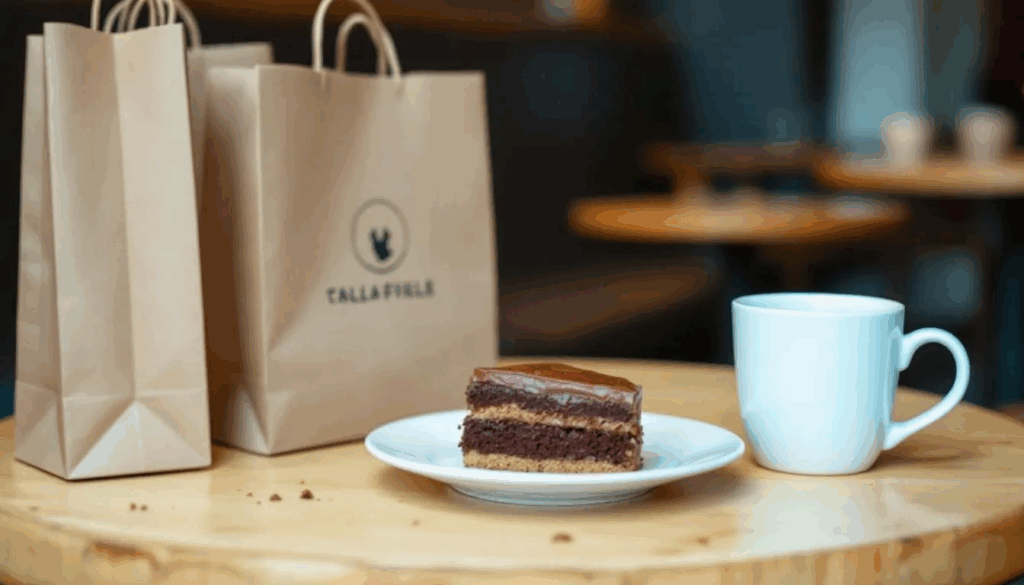 A café table is adorned with shopping bags alongside an array of sweet treats, including a slice of cake and a colorful tart, complemented by a cup of black coffee and a matcha latte. This inviting scene captures the essence of dessert lovers enjoying their time in a vibrant café atmosphere, perfect for sharing moments with friends.