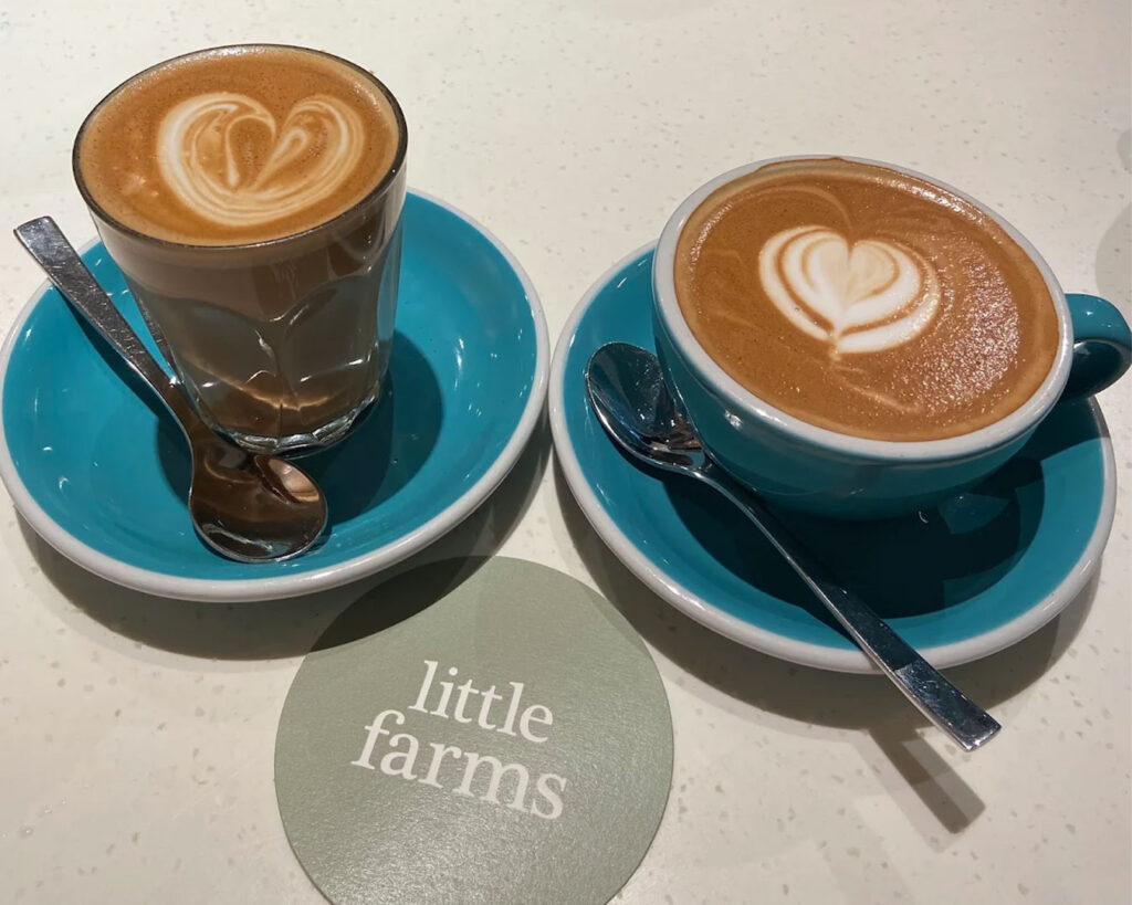 A carefully crafted cup of coffee with latte art on top, placed on a rustic table at Little Farms Café, surrounded by greenery and a bright, airy dining space.