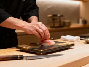 A sushi chef’s hand gently lowering a piece of sushi onto a ceramic plate, capturing the precision, care, and craftsmanship of traditional omakase dining.