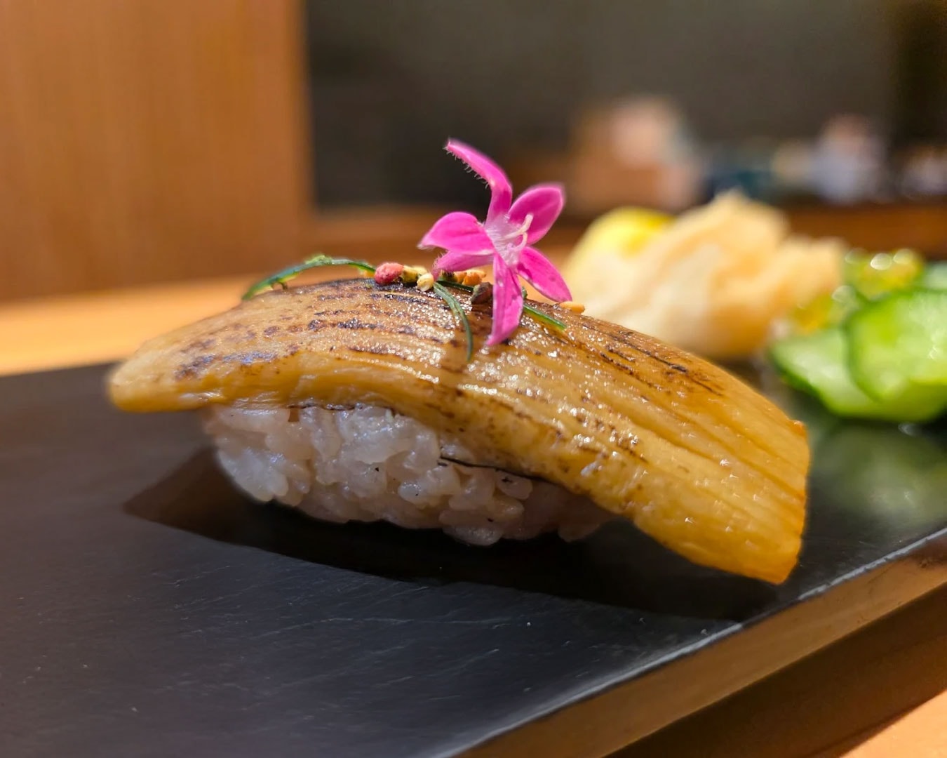 Delicately arranged shoujin sushi served at Ki Su Shoujin, showcasing plant-based craftsmanship with refined plating and minimalist Japanese aesthetics.