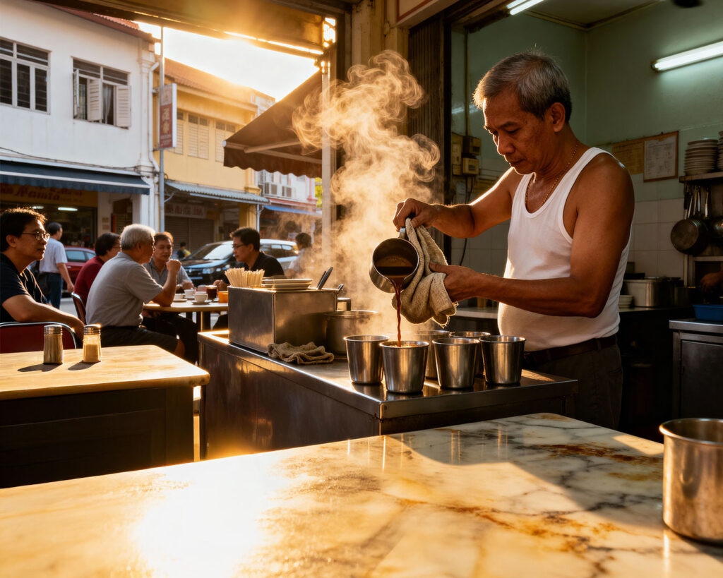 An elderly coffee vendor preparing kopi at a kopitiam counter, focused on his work while handling traditional brewing tools in a humble and nostalgic shop environment.