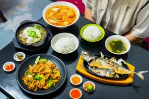 A colorful array of Asian dishes on a black table, featuring grilled fish, noodles, rice, soup, and sides. Warm tones convey a cozy dining experience.