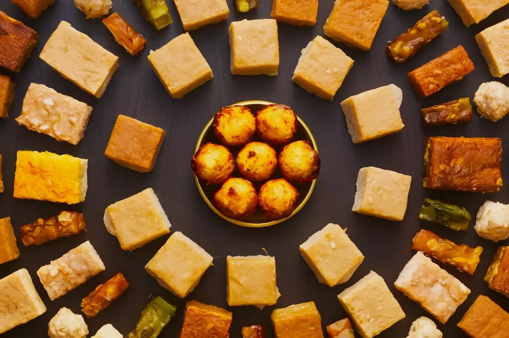 An arrangement of various pastries and baked goods on a dark surface. A central dish holds round, golden-brown treats, surrounded by square and rectangular pieces.