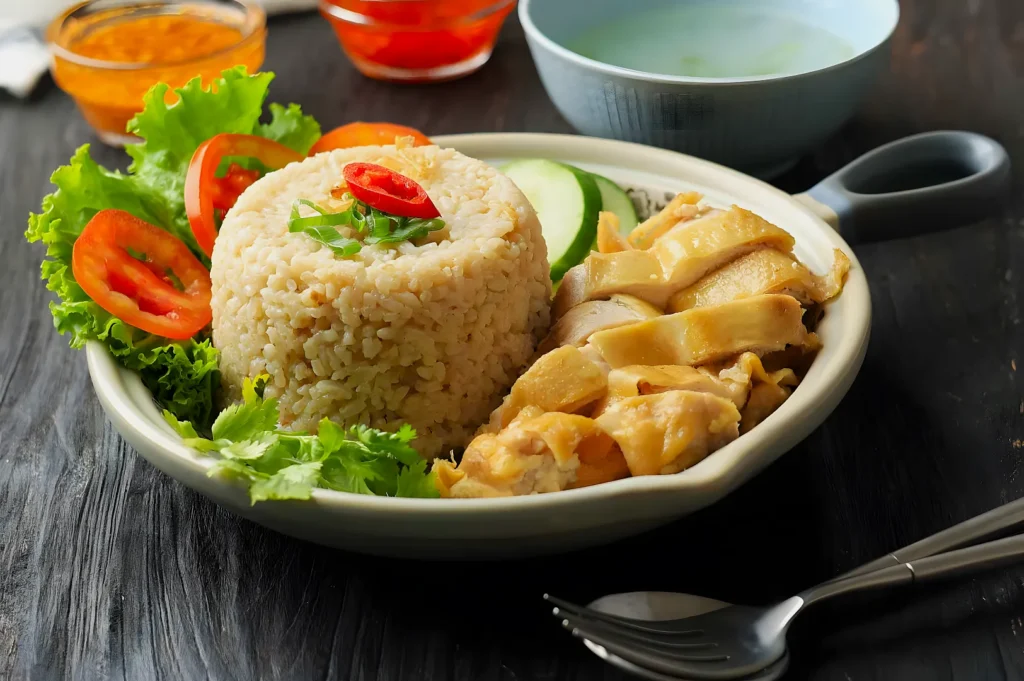 A plate of Hainanese chicken rice garnished with tomatoes, cucumbers, and lettuce. Served with condiments and a bowl of clear broth on the side.