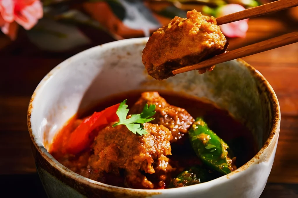 A bowl of rich curry features tender meat pieces, vibrant red and green peppers, and a fresh cilantro garnish. Chopsticks hold a portion above the bowl.