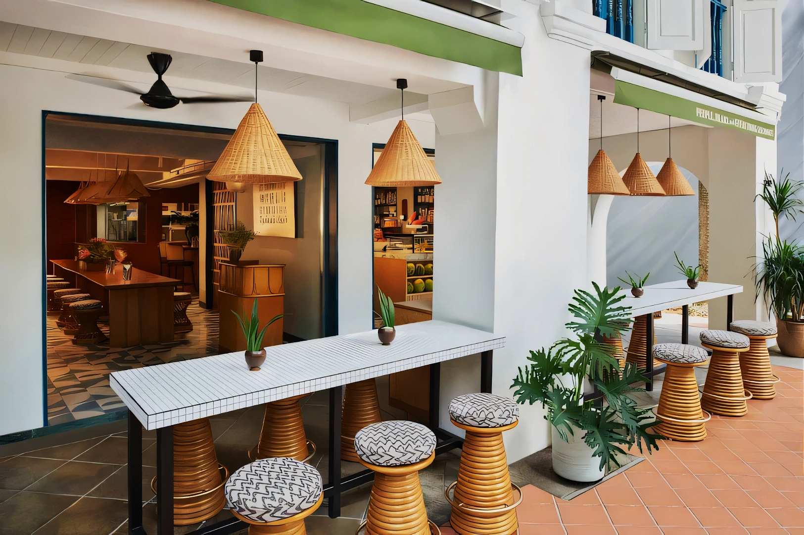 Trendy outdoor café with wicker stools, tiled counters, and potted plants. Warm lighting and ceiling fans create a cozy, inviting atmosphere.