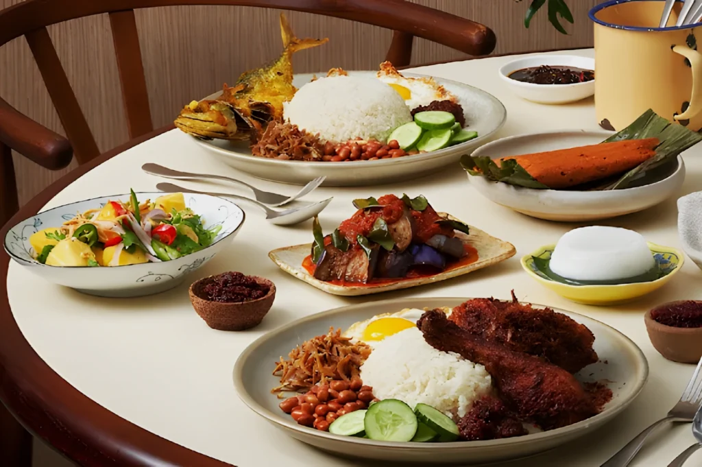 Assorted Malaysian dishes on a round table include nasi lemak with fried chicken, fish, sambal, cucumber slices, and a colorful salad. A cozy dining ambiance is set.