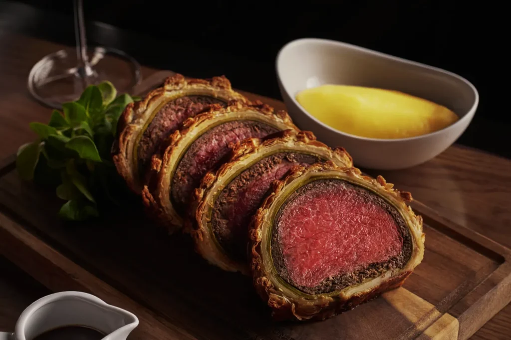 Sliced beef Wellington on a wooden board with greens, a small bowl of mashed potatoes, and gravy. The setting evokes a gourmet dining experience.