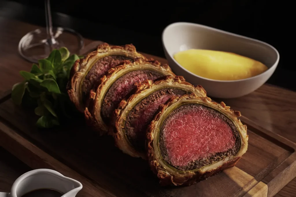 Sliced Beef Wellington with golden pastry and pink center, garnished with fresh greens. Mashed potatoes in a dish beside, setting a gourmet tone.