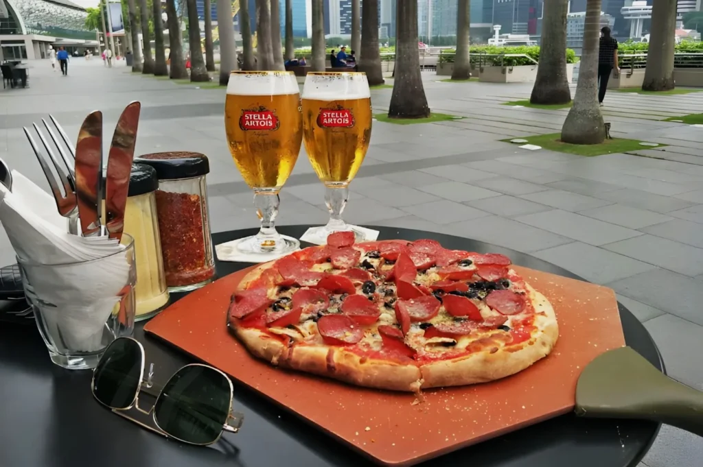 Pizza topped with pepperoni and olives on a table, accompanied by two glasses of beer outdoors. Nearby are cutlery and seasoning, creating a casual dining scene