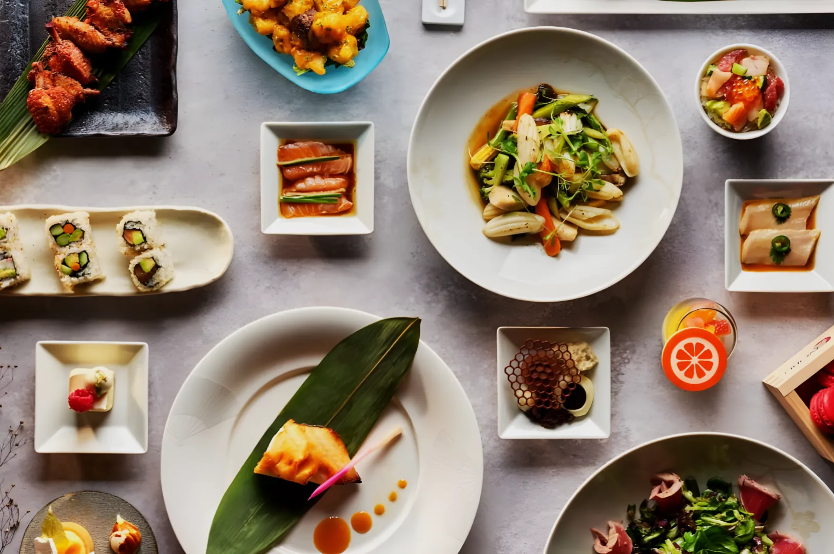 A variety of colorful Asian dishes on a table, including sushi, salads, and grilled meats, arranged artfully to create a vibrant and appetizing display.