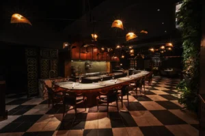 Elegant restaurant interior with curved marble counter, stylish wooden chairs, warm pendant lights, and a lush green wall, creating a cozy ambiance.