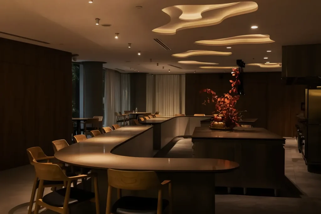 Modern dining area with curved countertops and wooden chairs, featuring artistic ceiling lights and a vibrant floral arrangement, creating a cozy ambiance.