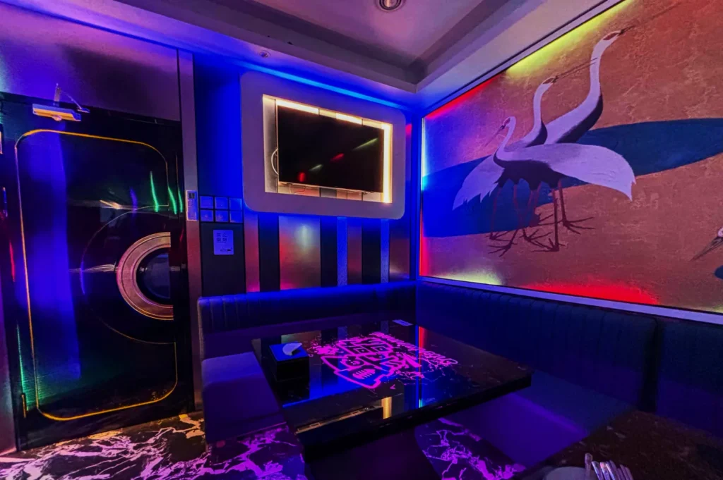 Karaoke room with vibrant blue and purple neon lights, modern decor, and abstract artwork of birds on the wall. The atmosphere feels lively and inviting.