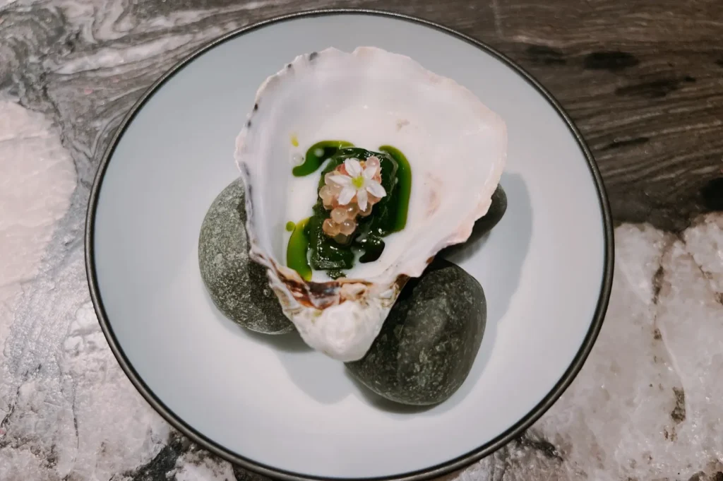 A delicate oyster shell on a plate atop smooth stones holds a gourmet dish with green sauce, small flowers, and garnish, evoking an elegant dining experience.