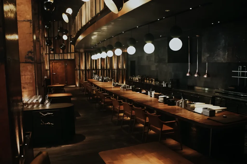 Elegant modern restaurant interior with dim lighting. Long wooden table with chairs runs centrally, surrounded by metallic and wooden decor. Ambiance is cozy and sophisticated.