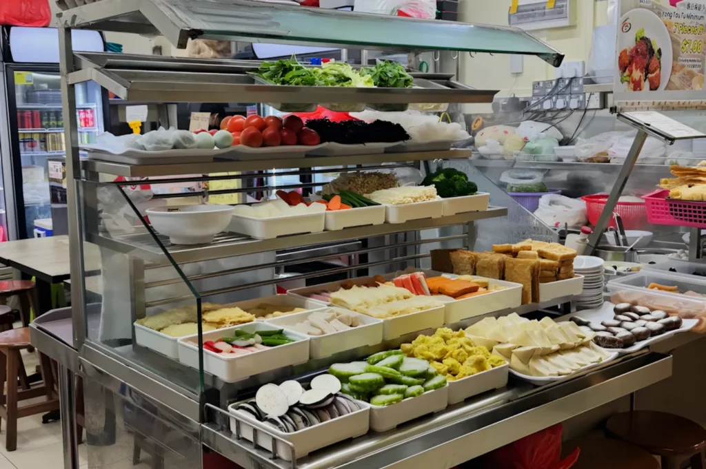 A colorful food display in a store with multiple shelves containing vegetables, tofu, and noodles. Fresh greens, tomatoes, eggs, and various sliced items are neatly arranged. The atmosphere feels inviting and fresh.