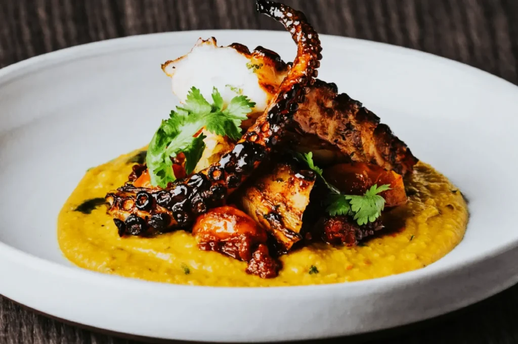 A grilled octopus tentacle atop a bed of yellow curry sauce garnished with fresh cilantro and roasted cherry tomatoes, served on a white plate.