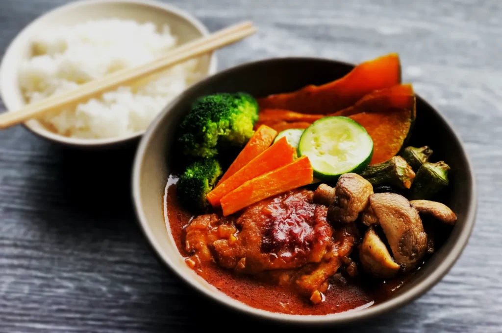 A bowl of curry with vegetables including broccoli, carrots, zucchini, mushrooms, and pumpkin. Beside it, a bowl of white rice with chopsticks rests on a textured gray surface.