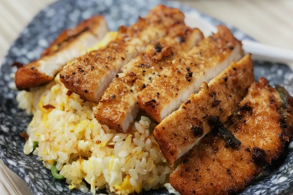 A plate of crispy, sliced, grilled chicken breast atop golden, egg-fried rice with green onion, served on a textured black-and-white dish.