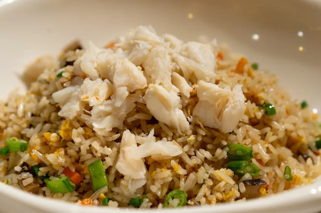 Plate of fried rice topped with white crab meat, mixed with green peas, carrots, and scrambled eggs, conveying a warm and appetizing look.