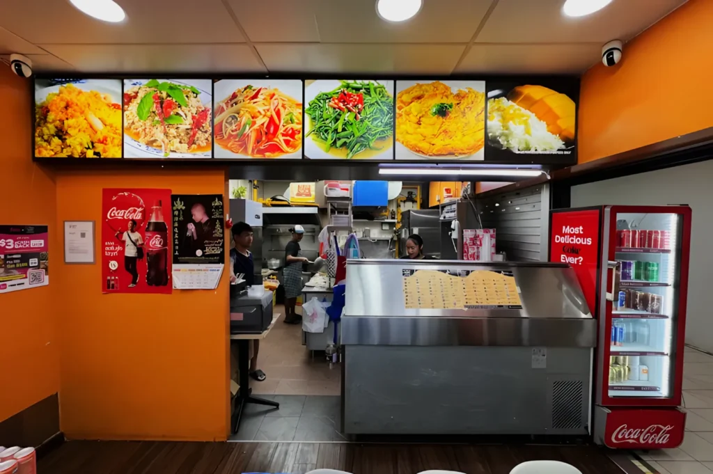 A brightly lit food stall with colorful dish photos above the counter. Two staff members are preparing food in the kitchen area. A Coca-Cola fridge on the right displays various drinks. The atmosphere feels lively and inviting.