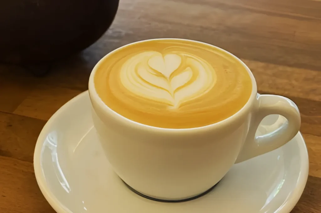 A white cup of latte on a saucer sits on a wooden table. The latte features intricate heart-shaped art, creating a cozy and inviting atmosphere.