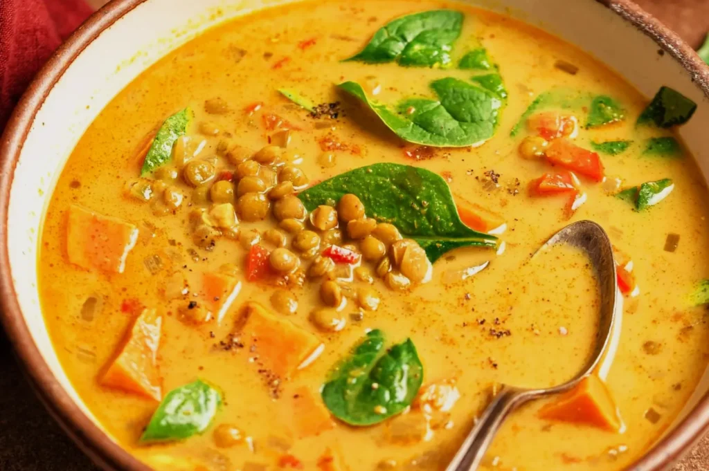 Close-up of a bowl filled with creamy lentil soup featuring vibrant spinach, diced carrots, and red peppers. A spoon rests inside, inviting and warm.