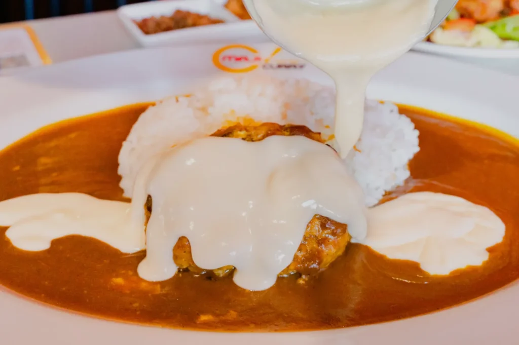 A hamburger steak covered in creamy white sauce, surrounded by rich brown curry on a plate. Steamed rice is served alongside. Comforting and indulgent.