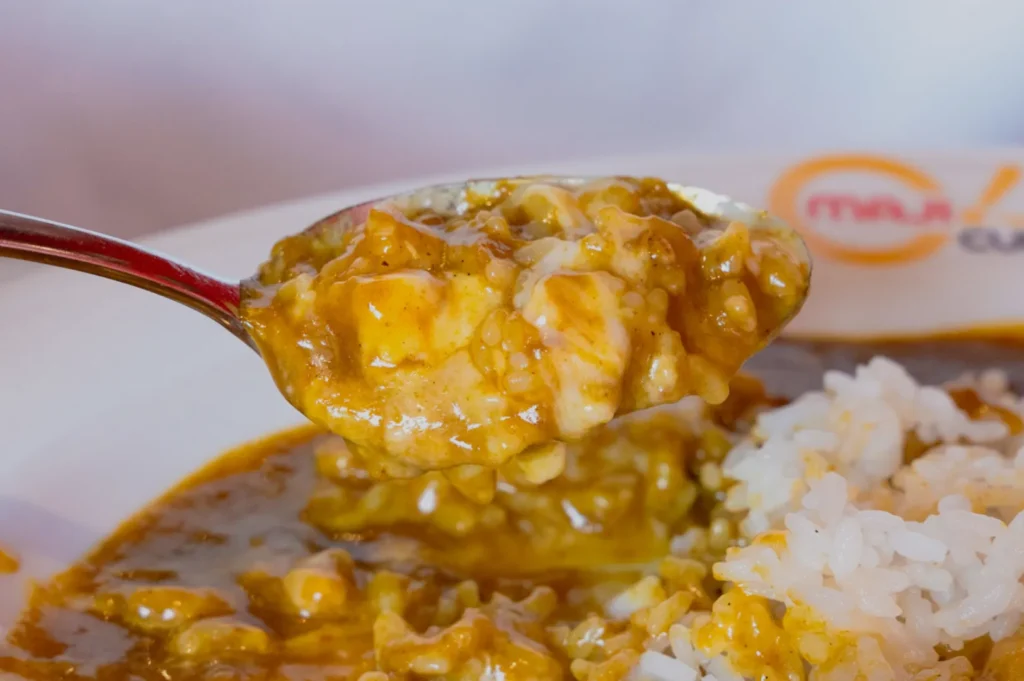 Close-up of a spoonful of chunky brown curry with pieces of meat, held over a plate of white rice. The dish appears rich and creamy.