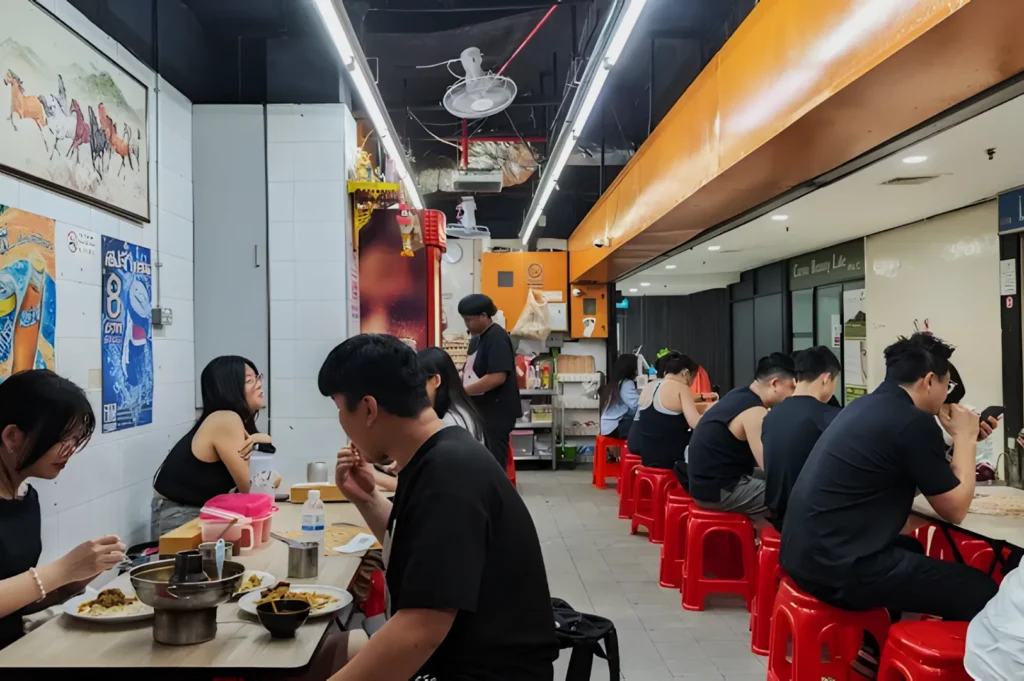 A bustling, casual restaurant with diners seated on red stools at shared tables. The ambiance is lively, with bright overhead lighting and wall art.