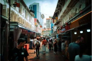 An eye-level shot captures a bustling pedestrian street in a Chinatown district, lined with historic shophouses featuring louvered shutters and various storefront awnings. Numerous pedestrians stroll along the brick-paved lane under hanging round banners, while modern high-rise skyscrapers stand in the distant background under a bright sky.