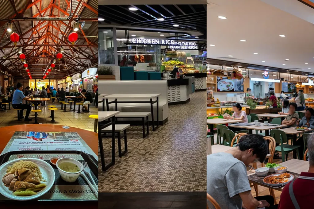 A three-panel collage showcases different dining environments in Singapore, starting with a first-person view of chicken rice served on a tray at a hawker center adorned with hanging red lanterns. The middle panel shows a modern, empty food court dining area with white booths, while the right panel captures patrons eating at wooden tables near bright food stalls.