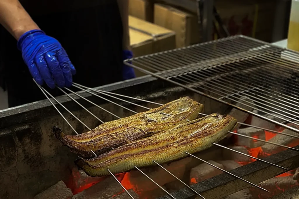 A close-up shot captures a chef wearing bright blue gloves as they handle metal skewers loaded with long fillets of eel grilling over glowing, red-hot charcoal. The eel fillets are browning and sizzling directly above the open embers of the stone grill setup.