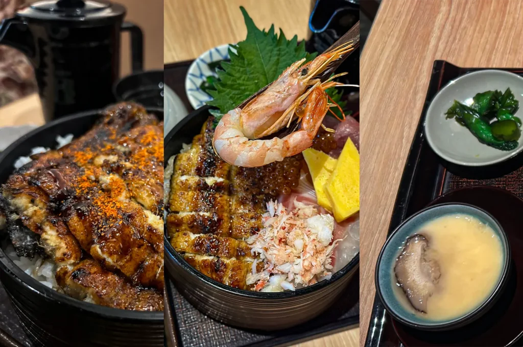 A three-part collage showcases a variety of Japanese dishes, starting with a close-up of grilled unagi over white rice on the left. The center panel highlights a large shrimp being lifted from a seafood bowl filled with unagi, shredded crab meat, and egg, while the right panel displays side dishes of chawanmushi and pickled vegetables.