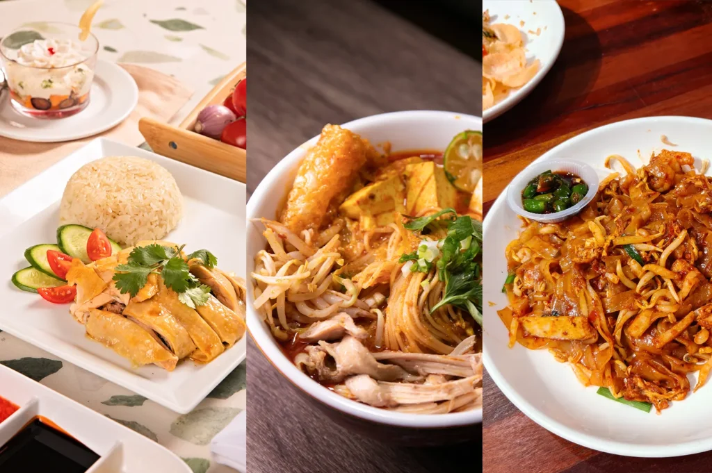 A three-panel collage displays popular Singaporean dishes, featuring Hainanese chicken rice with cucumber slices on the left, a hearty bowl of laksa noodles with bean sprouts and tofu puffs in the center, and stir-fried char kway teow noodles paired with a side of sliced chilies on the right. Each dish is cleanly presented on white tableware, highlighting the vibrant textures of the street food.